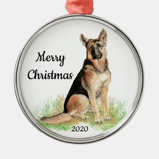  Dated Christmas Watercolor German Shepherd Dog Metal Ornament (Front)