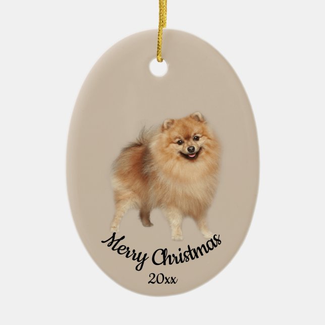 Dated Custom Photo Christmas Pomeranian Dog Pet Ceramic Ornament (Front)