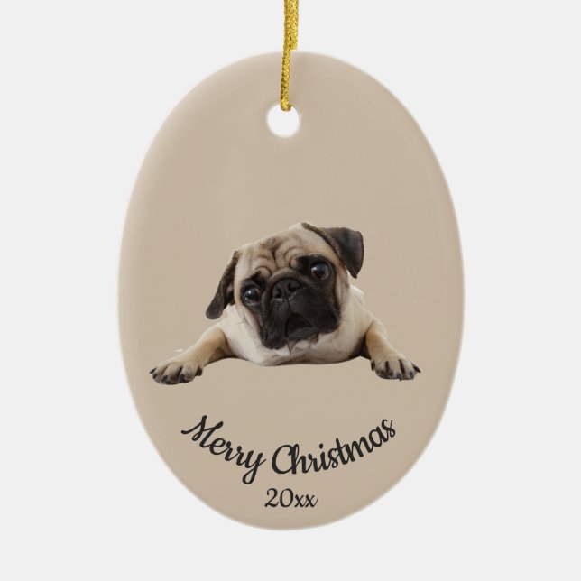 Dated Custom Photo Christmas Pug Dog Pet Ceramic Ornament (Front)
