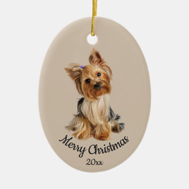 Dated Custom Photo Christmas Yorkie Dog pet  Ceramic Ornament (Front)