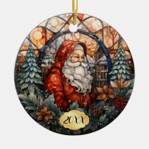 Dated Custom Santa Stained Glass Christmas Ceramic Ornament