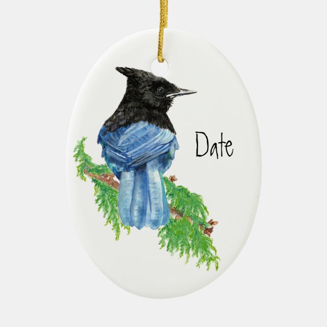 Dated, Custom,Stellar Jay, Bird, Nature Ceramic Ornament (Front)