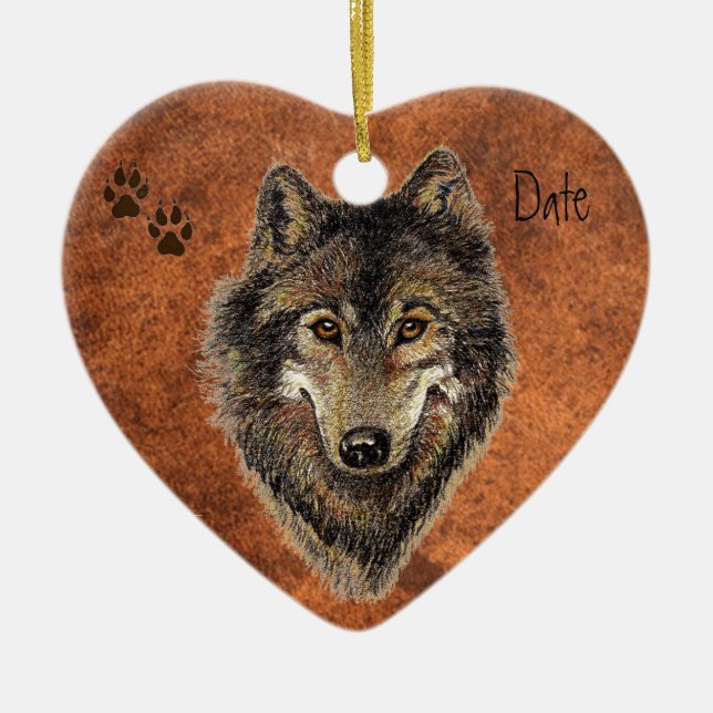 Dated Custom, Wolf, Wolves & Tracks Animal Ceramic Ornament (Front)