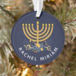 Dated Keepsake Baby's First Hanukkah | Blue & Gold Ornament<br><div class="desc">Nautical Boutique Co.'s keepsake design features baby's name and a watercolor menorah with a flower bouquet on the front side and the year and "First Hanukkah" on the reverse side. If you prefer a different background colour,  choose the customize option. #Hanukkah #FirstHanukkah #GiftIdeas</div>