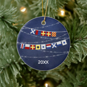 Dated Nautical Merry Christmas Signal Flag Ceramic Ornament