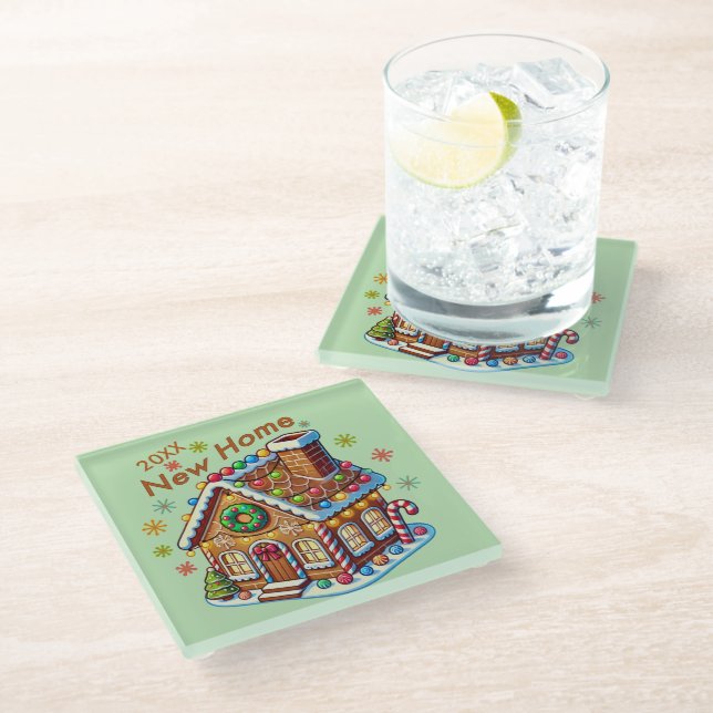 Dated New Home Gingerbread House Glass Coaster (Angled)