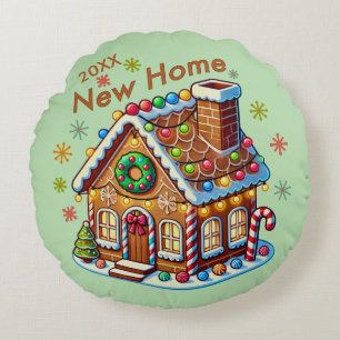 Dated New Home Gingerbread House Round Pillow