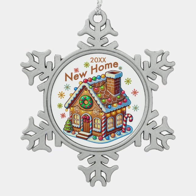 Dated New Home Gingerbread House Snowflake Pewter Christmas Ornament (Front)