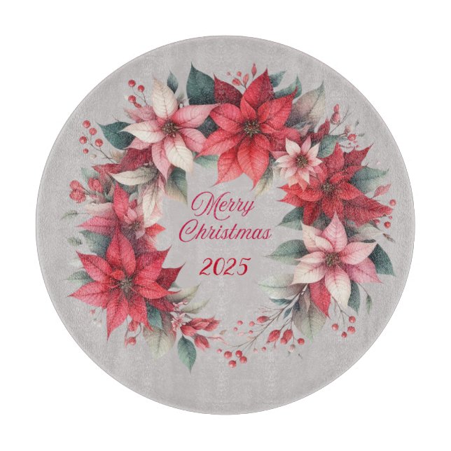 Dated Poinsettia Christmas Cutting Board (Front)