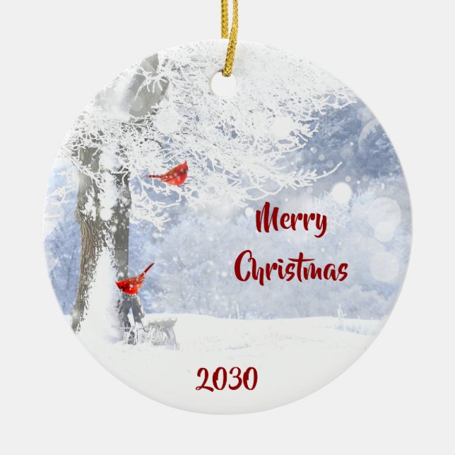 Dated Red Cardinal Birds Christmas snowy Trees Ceramic Ornament (Front)