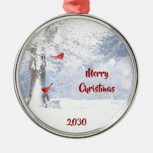 Dated Red Cardinal Birds Christmas snowy Trees Metal Ornament