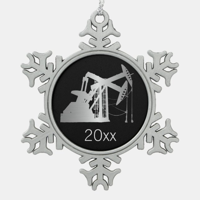 Dated Silver Gadient Oilfield Pumping Units Snowflake Pewter Christmas Ornament (Front)