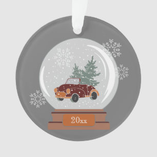 Dated Snow Globe with Red Car & Tree, Personalized Ornament