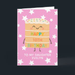 Daughter 10th Birthday Cute Pink Cake Custom Card<br><div class="desc">Celebrate your daughter's big day with this adorable 10th birthday card featuring a cute smiling cake character illustration, colourful sprinkles, and a cheerful “Happy Birthday” message. Set against a playful pink star background, this card is perfect for kids who love fun, silly, and sweet designs. Personalize it with your child’s...</div>