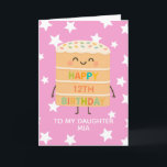 Daughter 12th Birthday Cute Pink Cake Custom Card<br><div class="desc">Celebrate your daughter's big day with this adorable 12th birthday card featuring a cute smiling cake character illustration, colourful sprinkles, and a cheerful “Happy Birthday” message. Set against a playful pink star background, this card is perfect for kids who love fun, silly, and sweet designs. Personalize it with your child’s...</div>