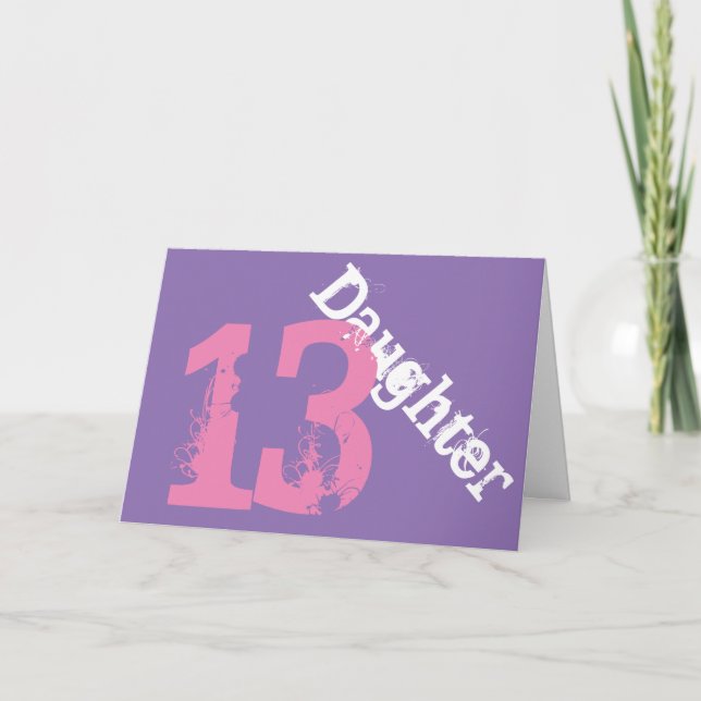 Daughter, 13th birthday, white, pink on purple. card (Front)