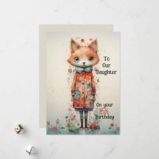 Daughter 15th Birthday Abstract Fox Holiday Card (Front/Back In Situ)