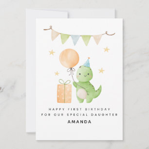 Daughter 1st Birthday Card Watercolor Dinosaur
