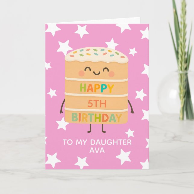 Daughter 5th Birthday Cute Pink Cake Custom Card (Front)