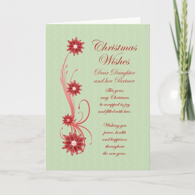 Daughter and Partner Christmas Scrolls and Flowers Holiday Card (Front)