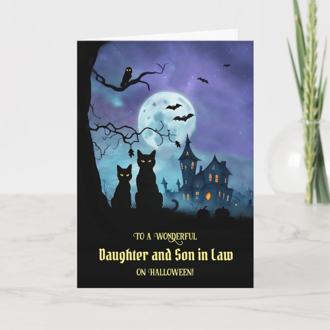 Daughter and Son in Law Happy Halloween Black Cats Card (Front)
