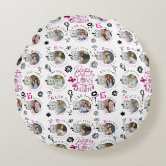 Daughter Birthday Photo Collage Typography  Round Pillow
