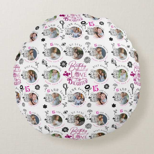 Daughter Birthday Photo Collage Typography  Round Pillow (Front)