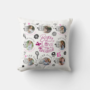 Daughter Birthday Photo Collage Typography  Throw Pillow