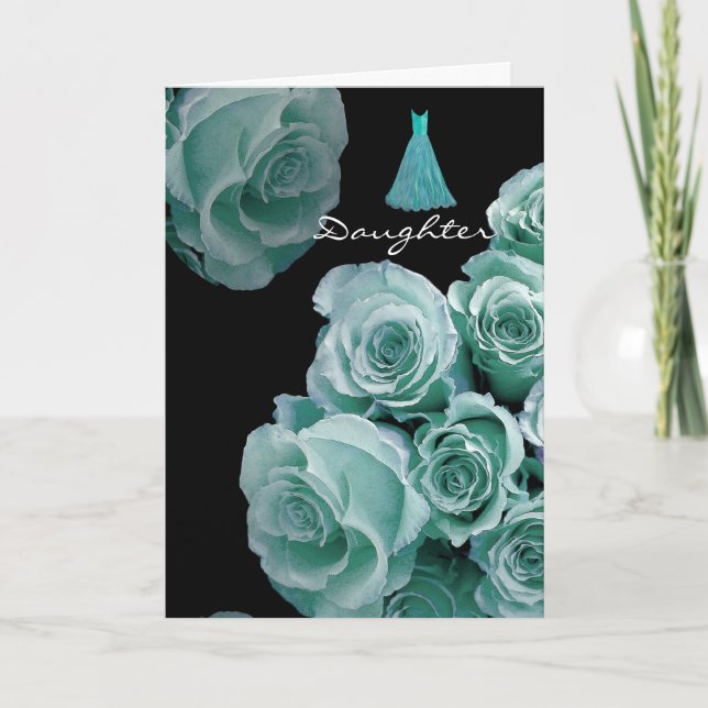 DAUGHTER - Bridesmaid Turquoise Blue Roses & Dress Invitation (Front)