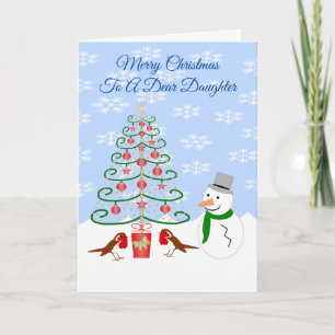 Daughter Christmas Card Snowman Tree And Robins