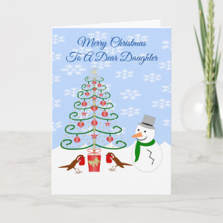 Daughter Christmas Card Snowman Tree And Robins