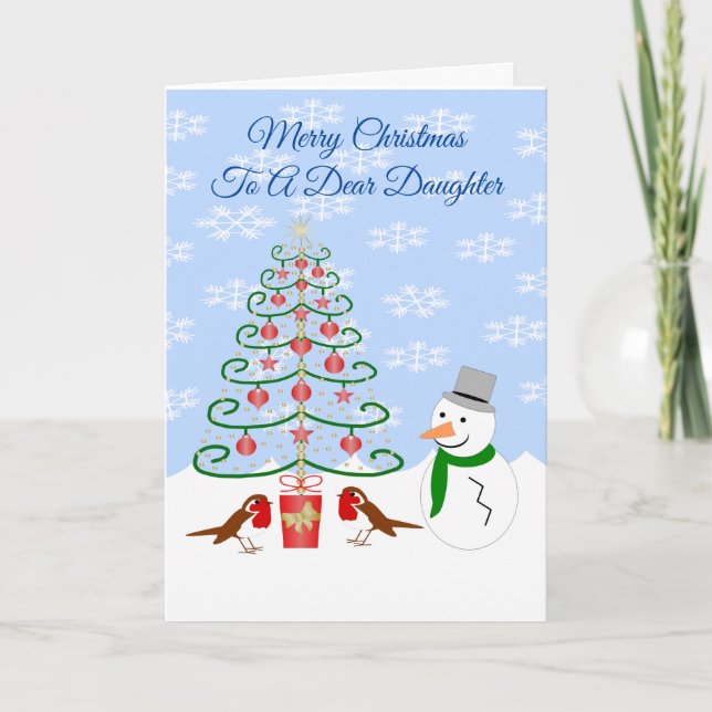 Daughter Christmas Card Snowman Tree And Robins (Front)