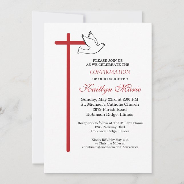 Daughter Confirmation Red Cross and Dove on White Invitation (Front)