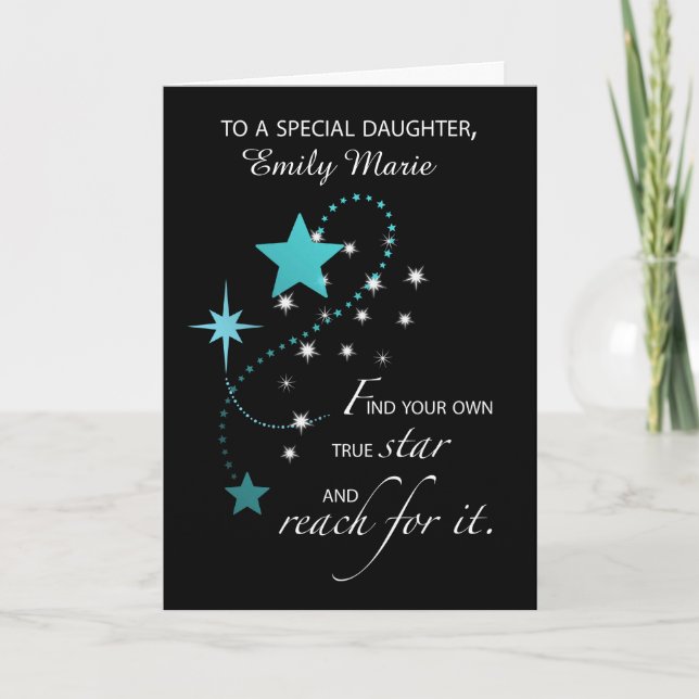 Daughter Customizable Name, Aqua Graduation Star Card (Front)