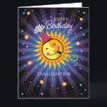 Daughter Cute Birthday Card<br><div class="desc">A fun birthday card for your daughter. Inside reads: "Today is your day to be the centre of the Universe. "A celebrating orange,  yellow and red sun with a party hat and blower radiates happiness out to all the celestial shooting stars.</div>