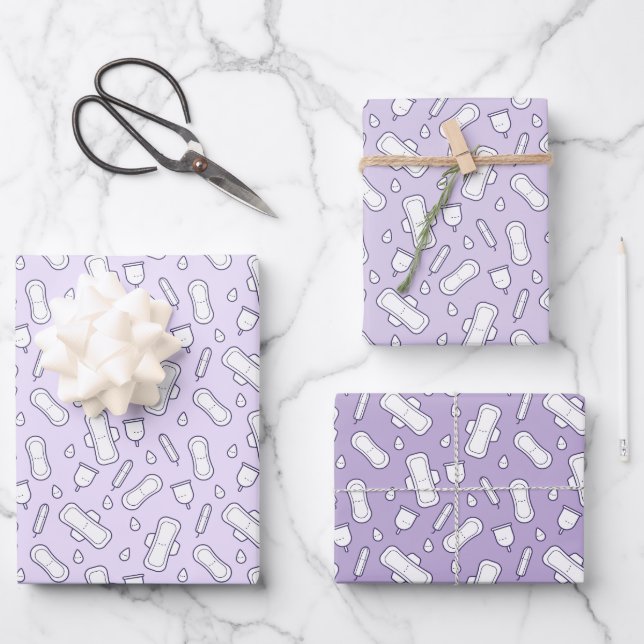 Daughter First Period Purple White Tampon Pad Wrapping Paper Sheet (Front)
