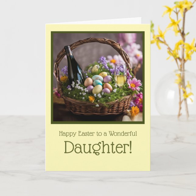 Daughter Happy Easter Funny with Wine and Easter  Card (Yellow Flower)