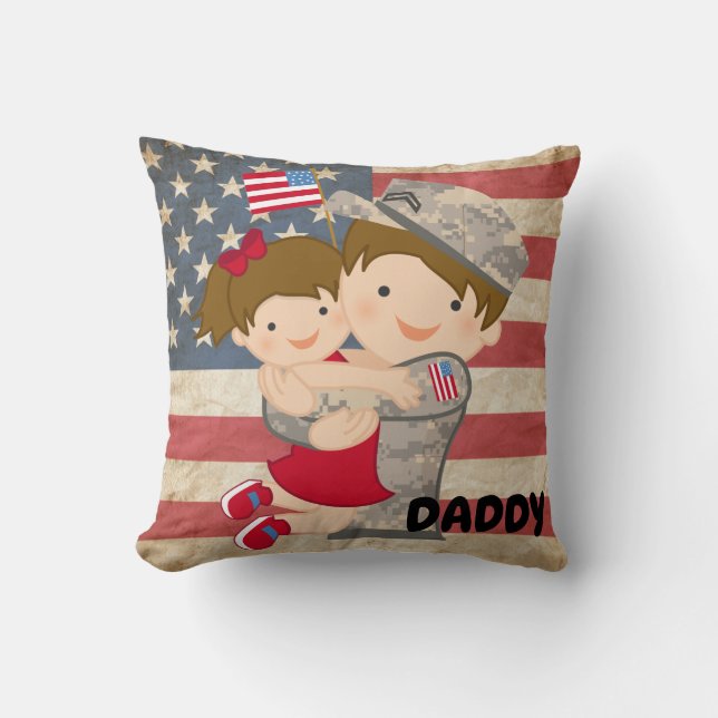 Daughter Hugging Soldier Daddy Throw Pillow (Front)
