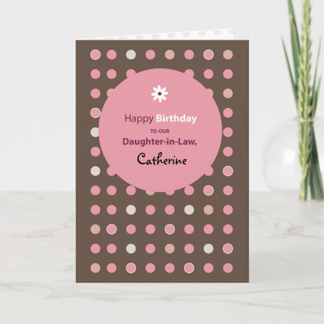 Daughter in Law Customizable Name Pink Brown Dots  Card (Front)