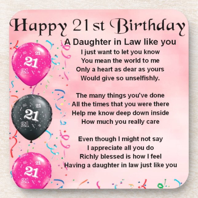 Daughter in Law Poem - 21st Birthday Coaster (Front)
