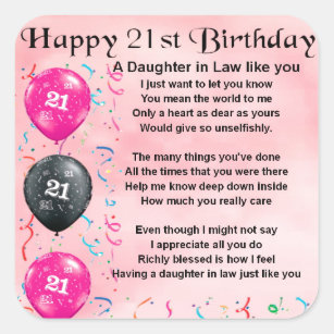 Daughter in Law Poem - 21st Birthday Square Sticker