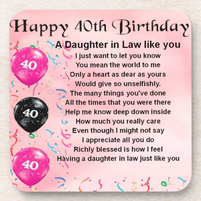 Daughter in Law Poem 40th Birthday Coaster