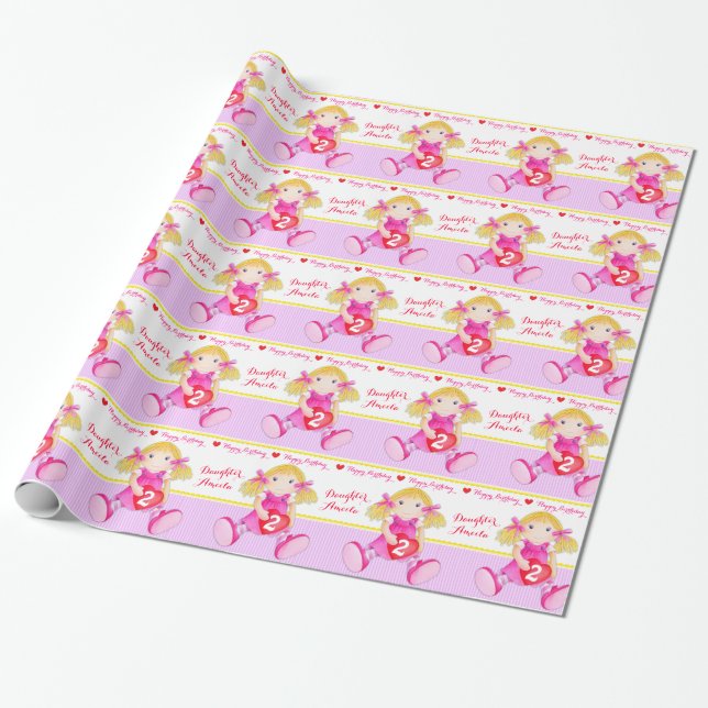 Daughter name rag doll 2nd birthday wrap wrapping paper (Unrolled)