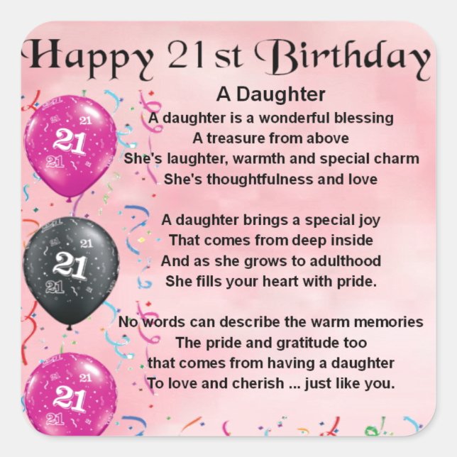 Daughter Poem 21st Birthday Square Sticker (Front)