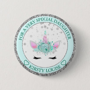 Daughter Pretty Mint & Silver Floral Unicorn Face 2 Inch Round Button