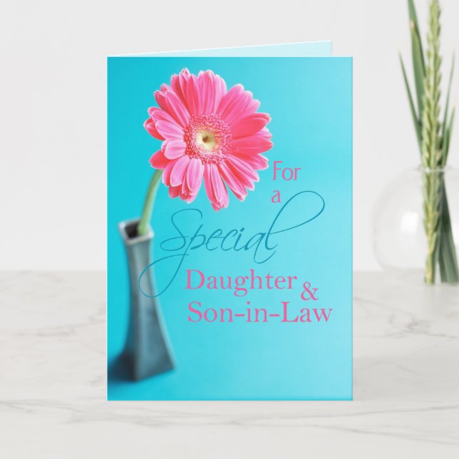 Daughter & Son- in -Law Valentine Pink Daisy Blue Holiday Card (Front)