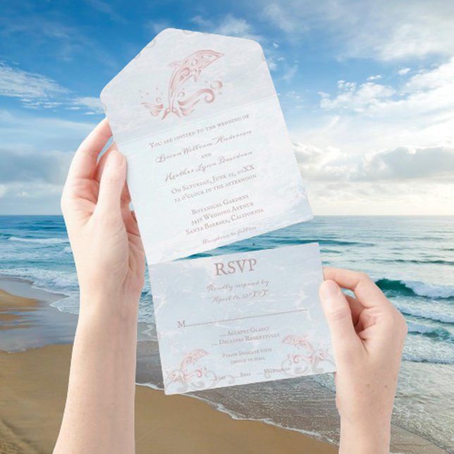 Dauphin rose en un mariage Invitation (Pink Dolphin All in One Wedding Invite)
