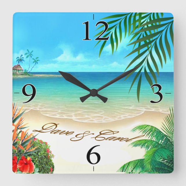 Dave Exotic Beach ASK 4 YOUR NAMES IN SAND Square Wall Clock (Front)