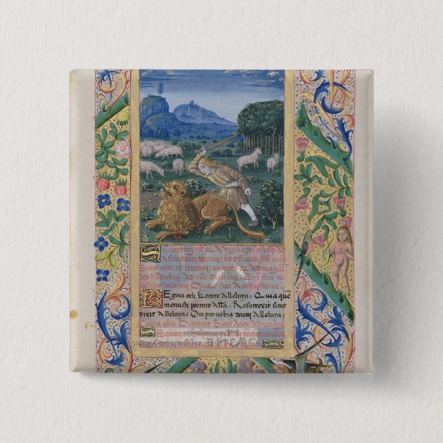 David defending his father's sheep against a 2 inch square button (Front)