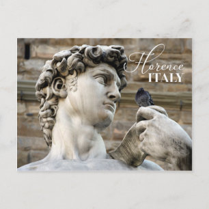 David statue and a pigeon postcard